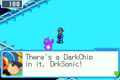 MegaMan beside BN5's purple flame of darkness: There's a DarkChip in it. DrkSonic!