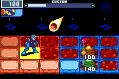 MetFires on BN5's lava field while a fireball falls toward MegaMan