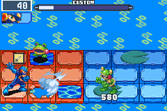 ToadMan on a lily pad among BN5's sea panels while MegaMan swings a Sword