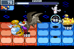 BN5's TinHawk swoops at MegaMan while Powie takes aim and Marina waits, in a BN6 battle