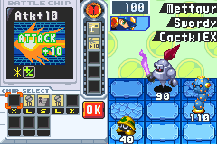 A Central Area battle in act 2: BN6's Mettaur and Swordy with BN5's Cactikil EX beside them