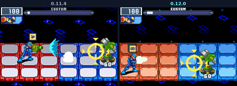 The same ACDC Area battle against CanGard in 0.11.4, left, in BN5's own engine and look, and in 0.12.0, right, in BN6's engine with BN6's HUD