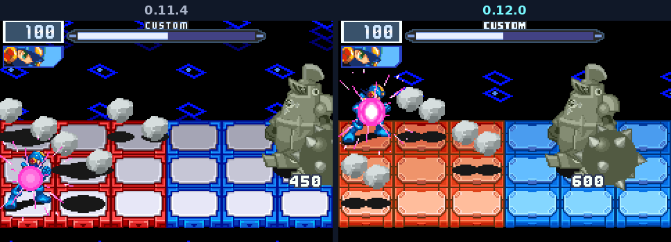 KnightMan's falling rocks in 0.11.4, left, in BN5's engine, and in 0.12.0, right, in BN6's