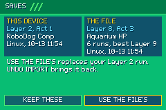 SAVES comparing this device's Layer 2 run with the file's Layer 8 run: USE THE FILE'S replaces your Layer 2 run. UNDO IMPORT brings it back.