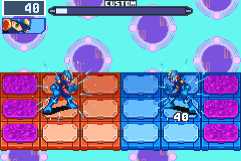 A NetBattle in the Square's Arena from Kei's side: two players' MegaMen trade charged shots across BN6's battlefield, the HP falling on both sides, until the Custom gauge fills
