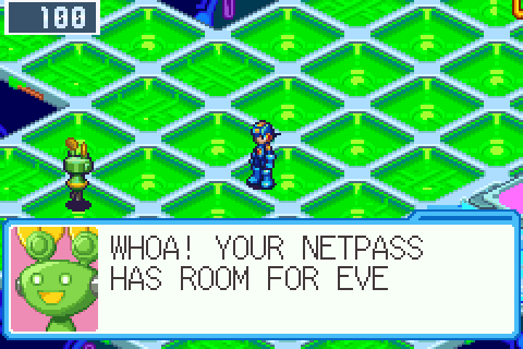 The greeter Mr.Prog in the Square: WHOA! YOUR NETPASS HAS ROOM FOR EVERY STAMP NOW! HOLD STILL! STAMP,STAMP,STAMP! The NetPass opens, Lan's and MegaMan's card beside four stamps, and Trade and DeepNet land beside Square and Arena: 4 of 4, Full pass, BN6 and BN5 in
