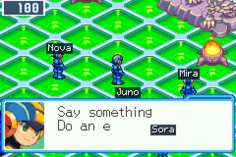 Sora's MegaMan among the channel's players, their names over them: L opens Say something or Do an emote, Sora says Hello!, and Hello! and Nice build! pop up over the others round the landmark