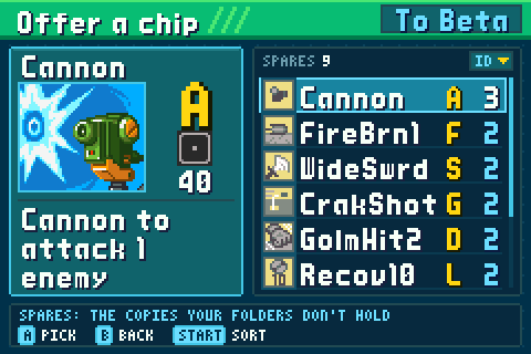 Trade Central's spares list, Offer a chip, To Beta: the cursor goes down Cannon, FireBrn1, WideSwrd, CrakShot and GolmHit2, each chip's card beside the list with its picture, code, element, damage and description; START sorts by ABCDE, then Code, and the cursor goes on to BN5's MrkCan3 and MrkCan1, their own cards