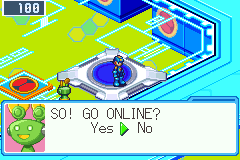 The gate's Mr.Prog keeper the first time, after Lan has given his name: SO! GO ONLINE? Yes or No, the cursor on No