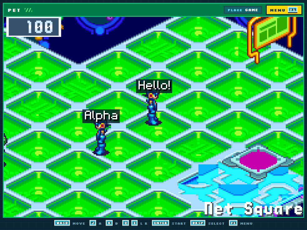 The project site's player in a browser, its PET band and keys around the game: the browser's MegaMan says Hello! in the Net Square beside Alpha's MegaMan, whose game runs on a computer