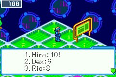 MegaMan at the log-in plaza's board: the week's DeepNet, 1. Mira: 10!, 2. Dex: 9, 3. Rio: 8