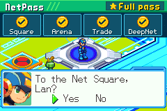 MegaMan on the white gate in Lan's HP: To the Net Square,Lan? Yes or No; over the top, the NetPass's strip with its four stamps and Full pass