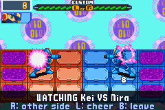 Dex watching from the stands: Kei's and Mira's MegaMen mid-battle, WATCHING Kei VS Mira, R: other side, L: cheer, B: leave