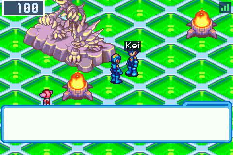 Mira's screen as Kei challenges her: a ! blinks over Kei's name, MegaMan says Kei's MegaMan wants a Practice NetBattle!, reads his card, HP 100 of 100. Act 3,layer 7!, then asks Take it,Lan? with the cursor on No