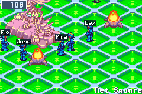 Six players' MegaMen round the landmark throw both arms up within a second; the Square cheers back, BN6's !! over one walking Navi while the other calls Yeah!! Go,go!, then all six bow together