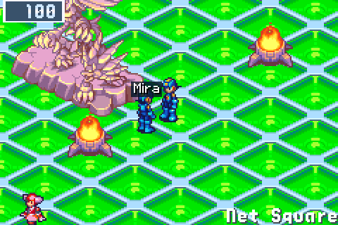 Kei's emote strip over the Square: the twelve emotes as MegaMan's poses in two rows, the cursor going from Wave to Cheer, played in the window AT MIRA, then to Buster, TO EVERYONE; A sends it and Kei's MegaMan holds out his buster
