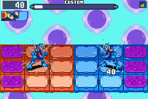 A NetBattle from Kei's side: the two MegaMen trade buster shots across BN6's battlefield, the HP falling on both sides, the link's bars at the top right, until the Custom gauge fills
