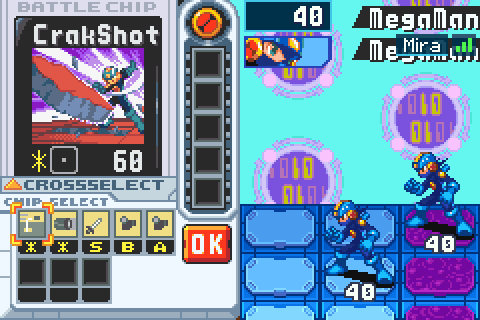 Rio, a partner, on his own Custom screen: CROSSSELECT with HEAT, his own chips picked, OK, then BN6's CHIP DATA TRANSMISSION, Sending chip data...; the four MegaMen appear, Rio's HeatCross and Dex's Beast Out, and TURN 1 START!