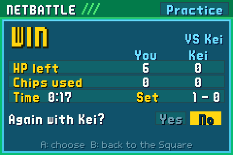 Mira's result card: Kei wants another!, her cursor goes to Yes, and a moment later both are back on BN6's Custom screen, dealt a new hand