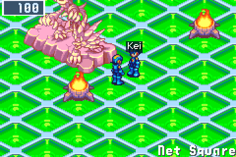 Mira's screen in the Net Square: Kei's MegaMan raises a hand at hers, a hand blinks over Kei's name, and as her MegaMan waves back BN6's !! and sparkle burst between the two