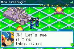 Kei's challenge open at the top of his screen: Mira is reading it... over a bar running down, the link's bars, A on Mira: call it off; Lan says OK! Let's see if Mira takes us on!