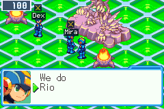 Kei's MegaMan asks who goes first: We do, or Rio, the cursor on Rio; the other team's Dex and Mira stand by with crossed blades over their names