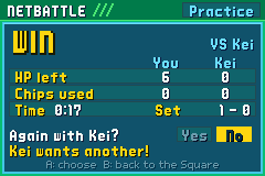 Mira's result card: WIN VS Kei, HP left 6 and 0, chips used 0 and 0, time 0:17, Set 1 - 0, Again with Kei? Yes or No, and Kei wants another!