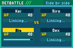 Rio's way in, Side by side: four seats, Kei and Mira on top, Rio, lit, and Dex under them, each with HP 40, Linking...