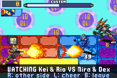 Nova watching from the stands: WATCHING Kei & Rio VS Mira & Dex, Rio's HeatCross firing at Mira and Dex in Beast Out; R: other side, L: cheer, B: leave