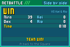 Mira's result card, Side by side: WIN VS Kei & Rio, Mira 39 and Dex 4 HP left, Kei 0 and Rio 0, time 0:10, TEAM WIN!