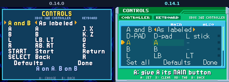 The controls screen in 0.14.0 and in 0.14.1: before, a plain blue panel; after, BN6's band with the CONTROLLER and KEYBOARD tabs under it, the rows in a navy window in BN6's thin letters with a scroll bar, the orange arrow on A, and the line under them in an information strip