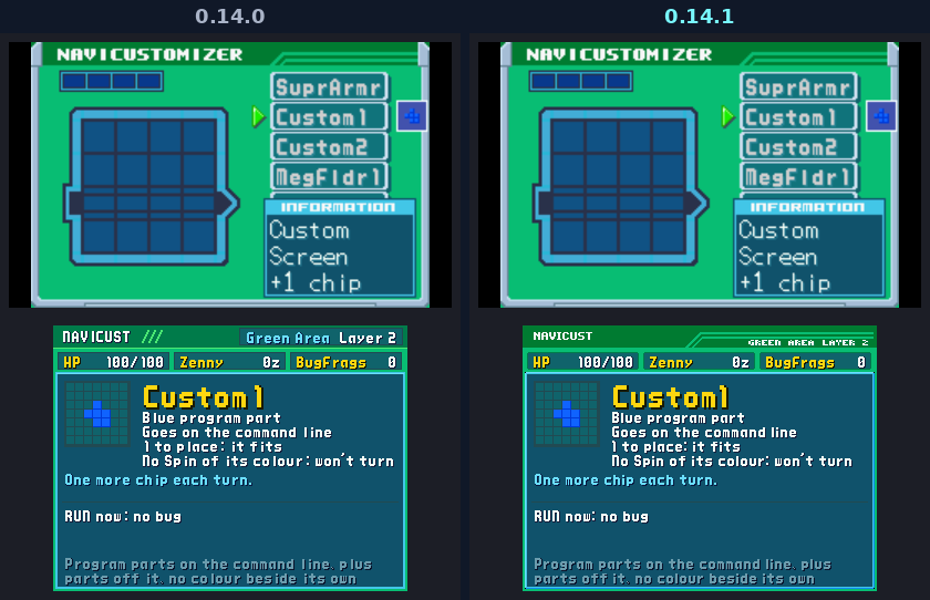 The 3DS's bottom screen showing a NaviCust program in 0.14.0 and in 0.14.1: the panel's header now BN6's dark band with stripes and the place in its corner