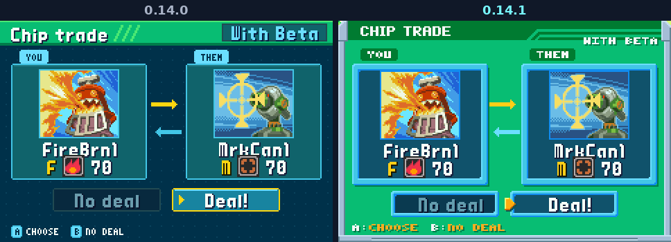 Trade Central's chip trade in 0.14.0 and in 0.14.1: two chip cards with arrows between them, restyled with BN6's band, frames and letters