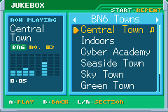 The Jukebox over the held game in BN6's PET look: its band, the song playing on the left (BN6, Central Town, No. 03, 0:05) with its eight tracks' lights, the BN6 Towns section on the right with the orange arrow on Central Town, the key hints A:PLAY B:BACK L/R:SECTION under them