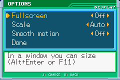 Options' Display section: Fullscreen Off, Scale Auto, Smooth motion Off, Done