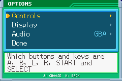 Options: Controls, Display, Audio GBA and Done, the note in an information box under them