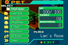 BN6's PET menu in Lan's room with Options in the row where Comm was