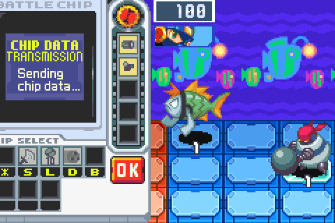 A dark panel's battle: TURN 1 START!, MegaMan's chips against the viruses, and 1 TURN LIBERATE! as the last falls in the first turn