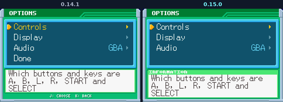 Options before and after: the key lines A:CHOOSE B:BACK and the Done row gone, the explanation in a flat INFORMATION panel