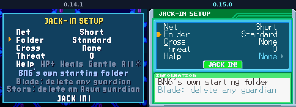 The JACK-IN SETUP before and after: the old blue list, then BN6's PET window with orange value arrows, the Folder row explained in an INFORMATION box and JACK IN! as a green RUN! pill