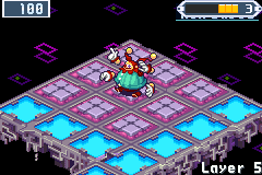 A dark layer's opening: the camera on the Darkloid, CircusMan, on his ring of panels at the board's far end, dark panels round it