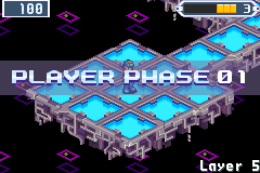 PLAYER PHASE 01 sliding across the board, MegaMan on its clean cyan panels, BN5's Order Points gauge at the top right