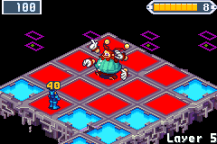 CircusMan's reach lit red over the panels round him, 40 harm in BN5's yellow digits over MegaMan inside it