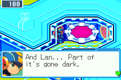 MegaMan at the pink pad, reading the way: And Lan... Part of it's gone dark.