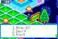 MegaMan at the plaza's Board, the week's DeepNet: 1. Mira 10!, 2. Dex 9, 3. Rio 8, a brazier and a cybertree beside the Arena's warp behind it