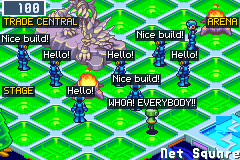 The welcome plaza with eight players round its statue, Hello! and Nice build! over them, the warps' names in gold: TRADE CENTRAL, ARENA, STAGE