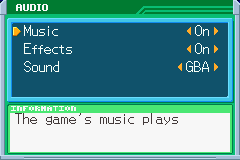Options' Audio: Sound GBA, Music On, Effects On