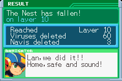 RESULT after a run: how it ended and by whom, the layer reached, viruses and Navis deleted, and MegaMan's word in the NAVIGATOR box