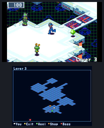 A New 3DS's two screens: MegaMan on the net on the top one, the layer's map on the bottom one with the Net Dealer, a Recovery Mr. Prog and the guardian's way