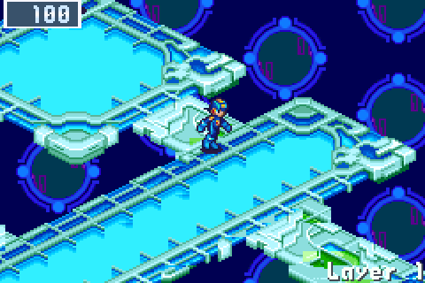 MegaMan runs along a walkway in Battle Network 5's ACDC Area: pale cyan floors and pipes over a dark blue net with round emblems